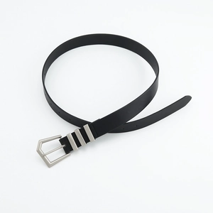 Classic black leather belt with minimalist silver geometric buckle on white background