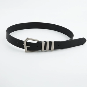 Classic black leather belt for women featuring a silver hexagonal buckle and three metal loops
