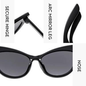 Detail of secure hinges, arc legs and ergonomic nose pads on black cat-eye sunglasses