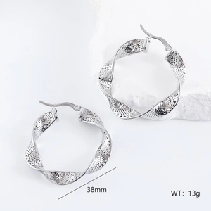 Irregular hollow mesh stainless steel hoop earrings in silver finish, 38mm diameter