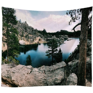 Nature landscape wall tapestry with blue mountain lake and forest for room decoration
