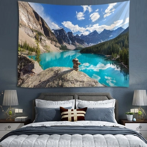 Detail of high-density landscape tapestry with snow mountains and lake for bedroom wall decor