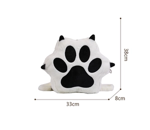 Detail showing plush cat paw bag dimensions with 38cm height and soft white faux fur texture