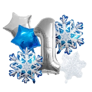 Silver number 1 balloon set with blue stars and snowflakes for birthday party decor