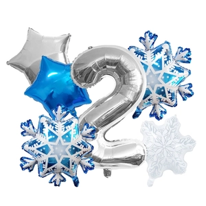 Winter theme silver number 2 balloon set with blue stars and matte white snowflakes