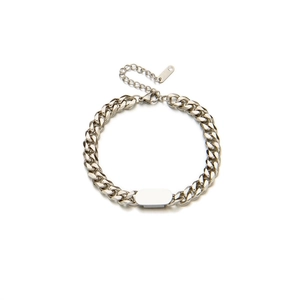 Silver chunky Cuban chain bracelet with adjustable tail and blank oval identity tag