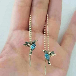 Elegant gold hummingbird drop earrings with blue zircon stones and long chain design