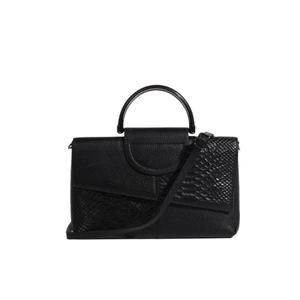 Litchi and snakeskin texture black leather handbag with round handle and shoulder strap