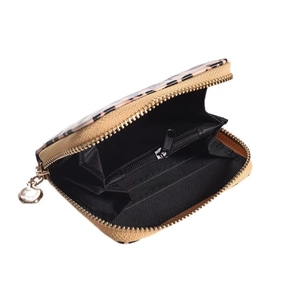 Short leopard print zipper wallet for women with multi-card slots on white background