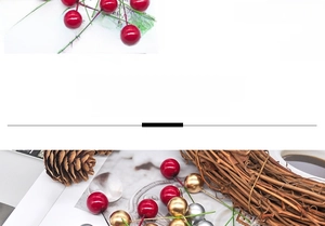 Detail of red and gold Christmas foam berries with natural pine cones and wood sticks