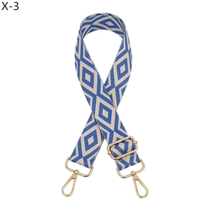 Detail of blue and beige diamond pattern jacquard strap with gold metal hardware