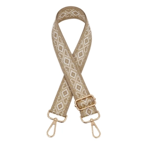 Detail of adjustable beige woven strap with gold geometric patterns and metallic hardware