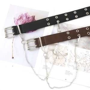 Punk style double grommet leather belts with metal chains in black and brown