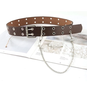 Brown punk leather belt with double grommets, silver chain and metal buckle