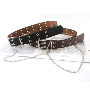 Women Punk Faux Leather Belt With Detachable Metal Chain Double Row Eyelet Pin Buckle Waistband For Jeans Trendy Accessory