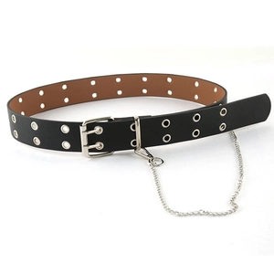Punk style black double grommet belt with silver chain and dual buckle for women