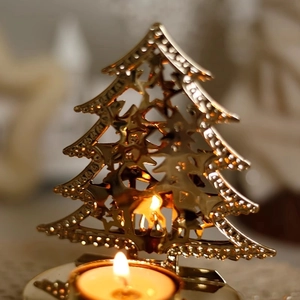 Golden hollow metal Christmas tree candle holder with star and deer ornaments for table