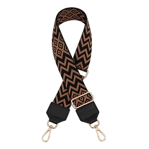 Detail of adjustable geometric weave strap with gold hardware and black leather ends