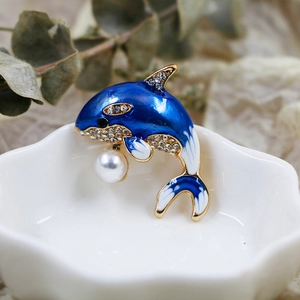 Exquisite blue enamel whale brooch with crystal rhinestones and a white pearl drop
