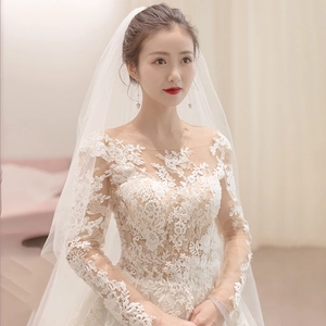 Elegante abito da sposa bianco in pizzo a maniche lunghe con velo per un look da sogno