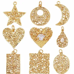Detailed grid of nine handmade copper pendants with star moon heart and lace wire patterns