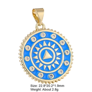 Detailed blue enamel sun medallion pendant with micro-pave zircons and size specs