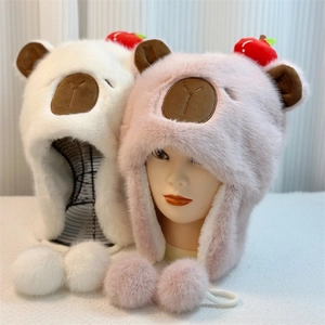 Plush Earflap Hat Winter Warm Thermal Cute Cartoon Bear Animal With Apple Decor Pom Poms For Women Girls Novelty