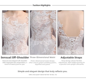 Dettaglio di ricamo in pizzo, scollo a barca e lacci regolabili sul retro dell'abito da sposa