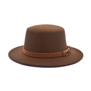 Flat Top Boater Hat Wool Felt Wide Brim Vintage Jazz Fedora For Men Women With Buckle Band