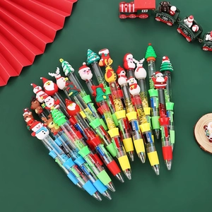 Christmas 4-color ballpoint pens with Santa and snowman toppers on festive background