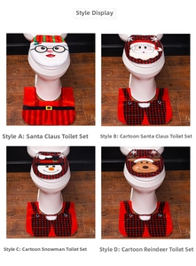 Detail of four Christmas toilet seat covers featuring Santa, snowman, and reindeer designs