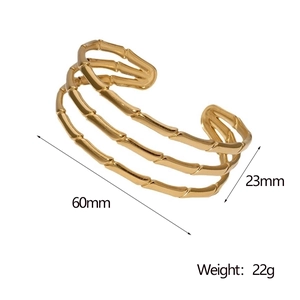 Bamboo style gold plated stainless steel bracelet with dimensions 60mm by 23mm and 22g weight