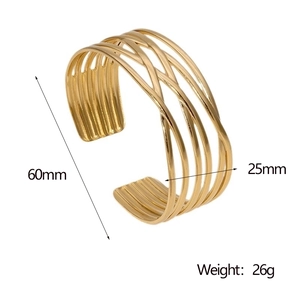 Gold stainless steel cuff bracelet with hollow woven lines, size 60x25mm, 26g weight