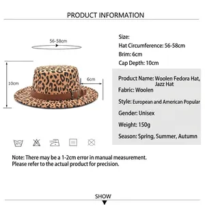 Flat top leopard print wool fedora hat with size specifications and product details