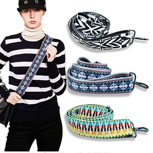 Ethnic style wide crossbody bag strap with geometric patterns and metal buckles
