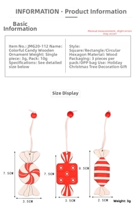Detailed size chart for colorful wooden candy Christmas ornaments with dimensions and weight