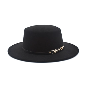 Flat Top Wide Brim Boater Hat Woolen Felt British Style Retro Jazz Fedora For Men Women With Gold Buckle Belt