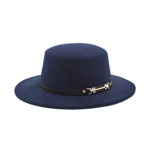 Detailed view of navy blue wool felt flat top hat with black leather strap and gold buckle