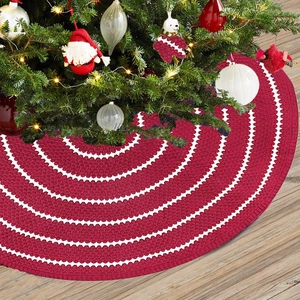 Jupe de sapin de Noël rouge tricotée 48 pouces avec motif de vagues blanches décoratif