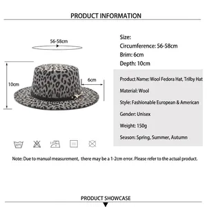 Leopard print wool fedora hat with flat brim and black buckle belt, size 56-58cm