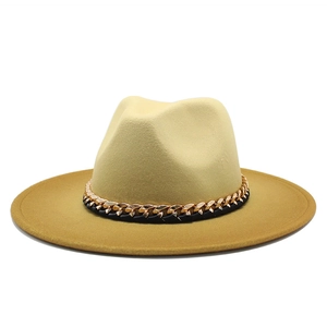 Gradient yellow felt fedora hat with a gold and black chain band for men and women