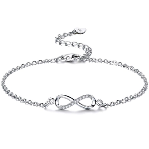Elegant 925 sterling silver infinity bracelet with white cubic zirconia on white background