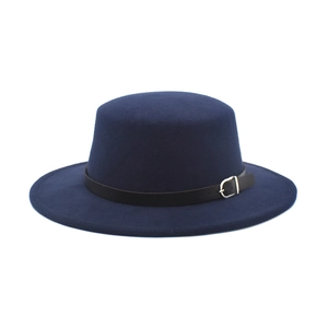Classic dark blue flat top wool felt fedora hat with elegant black leather buckle belt