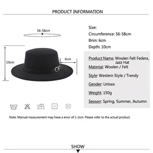 Classic black wool fedora hat with metal buckle band and detailed size information