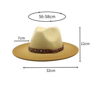 Detail view of two-tone gradient fedora hat with size dimensions 56-58cm and leather band