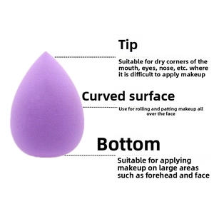 Detailed view of a purple teardrop beauty blender with functional zones for makeup application