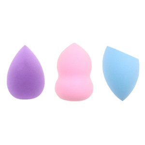 3-pack makeup sponge set with teardrop, gourd, and slanted-cut shapes in purple, pink, and blue