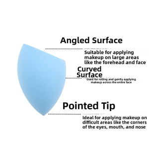 Detail of blue makeup sponge showing slant edge, curved surface and pointed tip