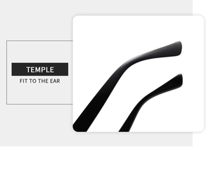 Detail of matte black sunglasses temple featuring ergonomic fit to the ear design