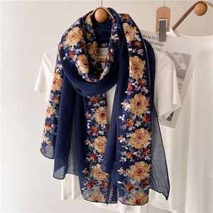 Navy blue summer beach scarf with colorful floral embroidery and lightweight soft texture
